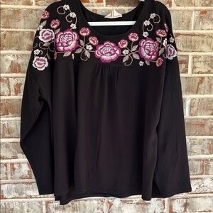 Savanna Jane Black Top with Pink Floral Embroidery